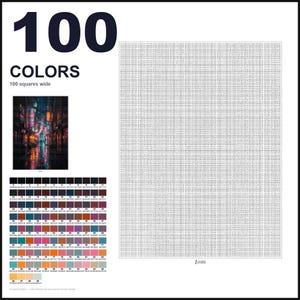 May include: A paint-by-numbers pattern featuring a grid of 100 squares wide, labeled 100 COLORS. It includes a small reference image of a dark, neon-lit city street and a detailed color palette chart with 100 numbered swatches and hex codes.