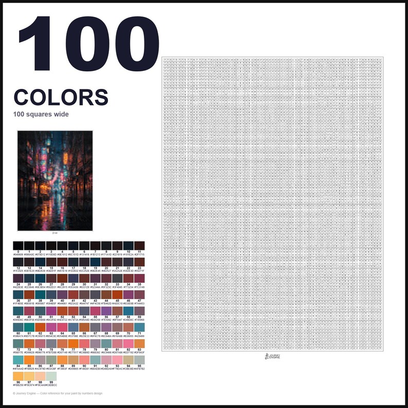 May include: A paint-by-numbers pattern featuring a grid of 100 squares wide, labeled 100 COLORS. It includes a small reference image of a dark, neon-lit city street and a detailed color palette chart with 100 numbered swatches and hex codes.