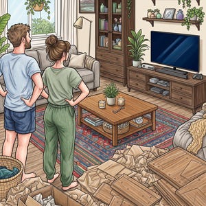 Op de afbeelding: Een woonkamer met een houten salontafel, een televisie op een mediameubel en een hoge kast. Twee personen staan op de voorgrond bij een kartonnen doos gevuld met inpakpapier en houten meubelpanelen die nog in elkaar gezet moeten worden.