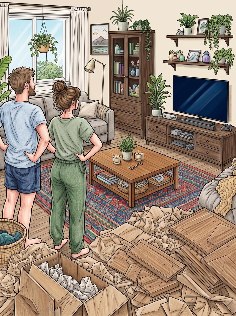 Op de afbeelding: Een woonkamer met een houten salontafel, een televisie op een mediameubel en een hoge kast. Twee personen staan op de voorgrond bij een kartonnen doos gevuld met inpakpapier en houten meubelpanelen die nog in elkaar gezet moeten worden.