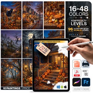 Pode incluir: Uma coleção digital de dez pinturas com tema de Halloween, apresentando gatos pretos, paisagens de outono, casas assombradas e varandas decoradas com abóboras. O conjunto inclui 16-48 cores, quatro níveis de dificuldade e um nível bônus.