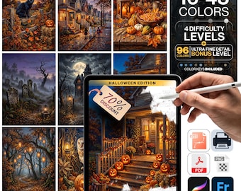 10 Halloween Paint by Number Bundle | 10 Spooky Fall Wall Art Designs | Digital Download Adult Craft | Autumn Decor | Procreate PBN