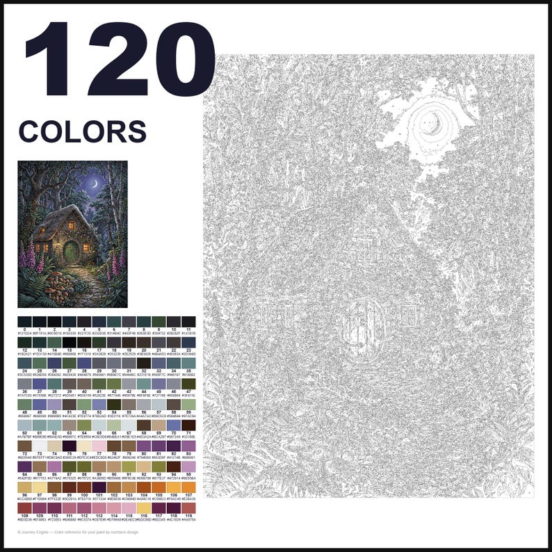 May include: A paint-by-numbers kit featuring 120 colors with a numbered outline of a cottage in a forest setting. The kit includes a small color reference image showing a moonlit house, a detailed line drawing, and a grid of 120 color swatches.