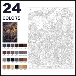May include: A paint-by-numbers kit featuring a large numbered outline of a ship attacked by a sea monster. The set includes a small color reference image, a palette of 24 numbered color swatches with RGB codes, and the text 24 COLORS.