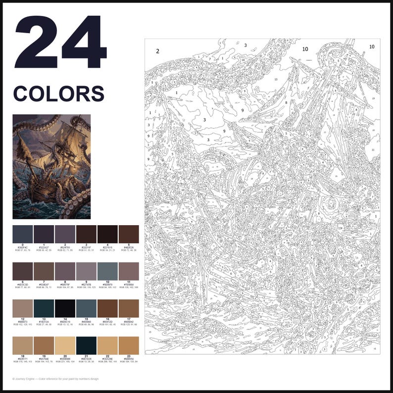 May include: A paint-by-numbers kit featuring a large numbered outline of a ship attacked by a sea monster. The set includes a small color reference image, a palette of 24 numbered color swatches with RGB codes, and the text 24 COLORS.