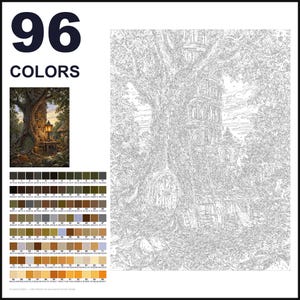 May include: A paint-by-numbers kit featuring 96 colors and a line art template of a large tree with a built-in library, a small door at the base, and a glowing lantern. The set includes a color reference guide with numbered swatches.