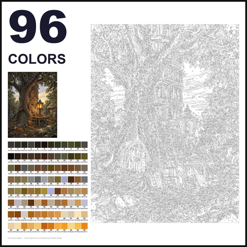 May include: A paint-by-numbers kit featuring 96 colors and a line art template of a large tree with a built-in library, a small door at the base, and a glowing lantern. The set includes a color reference guide with numbered swatches.
