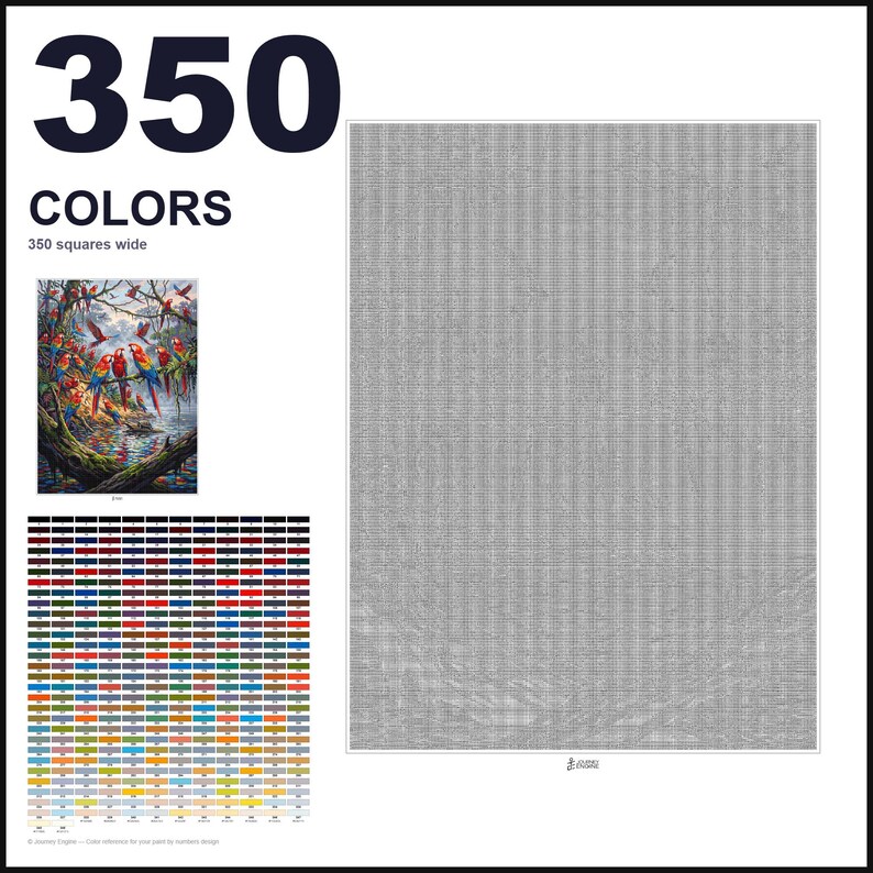 May include: A paint-by-numbers pattern featuring 350 colors and a 350 squares wide grid. The layout includes a small color reference image of scarlet macaws in a jungle setting, a large grid of grey symbols, and a comprehensive color key chart.
