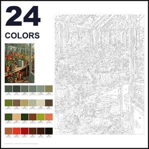 May include: A paint-by-numbers kit featuring a greenhouse scene with potted red flowers and a watering can. The set includes a numbered outline canvas, a small reference image, and a palette of 24 distinct colors labeled with RGB values.
