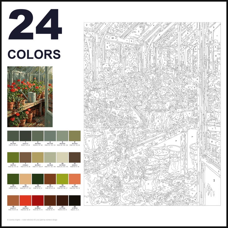 May include: A paint-by-numbers kit featuring a greenhouse scene with potted red flowers and a watering can. The set includes a numbered outline canvas, a small reference image, and a palette of 24 distinct colors labeled with RGB values.
