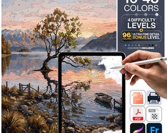 New Zealand Paint by Numbers Digital | 5 Levels 16-96 Colors | Svg Pdf Png Procreate | Wanaka Tree Sunrise Lake Wanaka Printable Wall Art