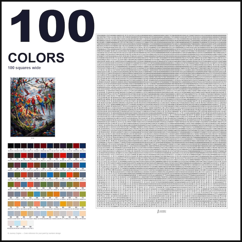 May include: A paint-by-numbers kit featuring a large grid of numbers, a reference image of colorful parrots in a jungle setting, and a color palette chart displaying 100 distinct numbered color swatches with their corresponding hex codes.