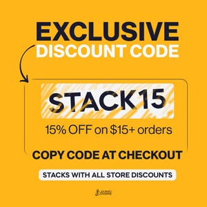 May include: A yellow promotional graphic featuring the text EXCLUSIVE DISCOUNT CODE and STACK15. It specifies 15% OFF on $15+ orders, instructs to COPY CODE AT CHECKOUT, and notes STACKS WITH ALL STORE DISCOUNTS with a small logo at the bottom.