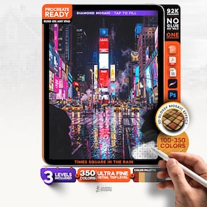 May include: A digital diamond mosaic art kit for iPad featuring a Times Square in the rain scene. The interface displays 92K squares, 350 ultra-fine colors, and 3 levels. Text includes Procreate Ready, Diamond Mosaic, and Journey Engine branding.