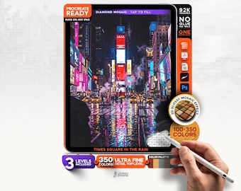 Digital Diamond Painting, Mystery Mosaic iPad, Times Square in the Rain, Neon City Procreate Art, 3 Levels, 92K Squares, Instant Download