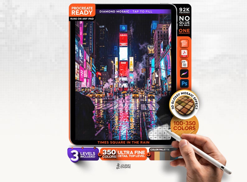 May include: A digital diamond mosaic art kit for iPad featuring a Times Square in the rain scene. The interface displays 92K squares, 350 ultra-fine colors, and 3 levels. Text includes Procreate Ready, Diamond Mosaic, and Journey Engine branding.