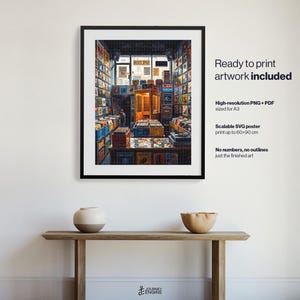 May include: A framed wall art print depicting a detailed interior of a vintage record store filled with numerous vinyl record crates, shelves stacked with albums, and a central wooden listening booth, all rendered in a rich, colorful artistic style.