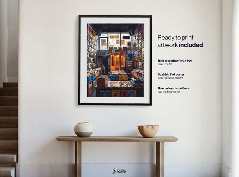 May include: A framed wall art print depicting a detailed interior of a vintage record store filled with numerous vinyl record crates, shelves stacked with albums, and a central wooden listening booth, all rendered in a rich, colorful artistic style.