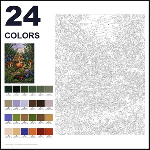 May include: A paint-by-numbers kit featuring a forest scene with a snail, mushrooms, and a small hut. The image includes a numbered outline template, a small color reference picture, and a grid of 24 distinct color swatches with RGB values.