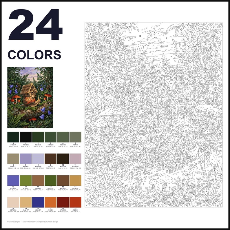 May include: A paint-by-numbers kit featuring a forest scene with a snail, mushrooms, and a small hut. The image includes a numbered outline template, a small color reference picture, and a grid of 24 distinct color swatches with RGB values.