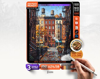 Digital Diamond Painting for iPad, New York Brownstones Mosaic, Autumn Color by Number Procreate, 3 Color Levels, Digital Download