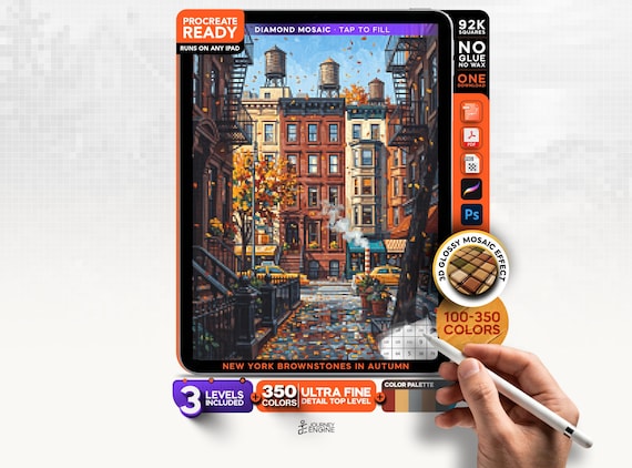 New York Brownstones digital diamond painting mystery mosaic for iPad, Autumn Mosaic
