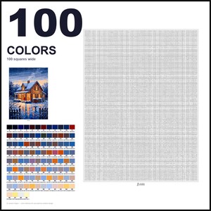 May include: A paint-by-numbers kit featuring a large grid of 100 squares wide, a reference image of a snow-covered house at twilight, and a color palette chart with 100 numbered swatches. The text 100 COLORS and 100 squares wide is visible.