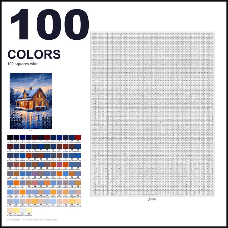 May include: A paint-by-numbers kit featuring a large grid of 100 squares wide, a reference image of a snow-covered house at twilight, and a color palette chart with 100 numbered swatches. The text 100 COLORS and 100 squares wide is visible.