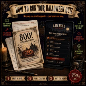 May include: A Halloween trivia game kit featuring a printed booklet titled BOO! HALLOWEEN TRIVIA with a pumpkin illustration, a tablet displaying the Late Hour Pub Trivia app interface, a pen, a candle, and a skull-shaped mug on a dark surface.