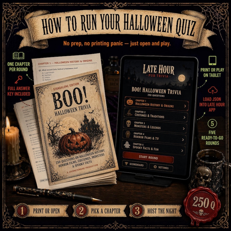 May include: A Halloween trivia game kit featuring a printed booklet titled BOO! HALLOWEEN TRIVIA with a pumpkin illustration, a tablet displaying the Late Hour Pub Trivia app interface, a pen, a candle, and a skull-shaped mug on a dark surface.