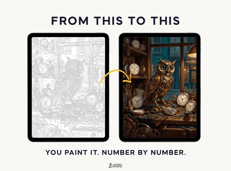May include: Two tablets displaying a paint-by-number project. The left screen shows a grayscale line drawing of an owl surrounded by clocks. The right screen shows the completed, full-color version of the same scene. Text reads FROM THIS TO THIS and YOU PAINT IT. NUMBER BY NUMBER.