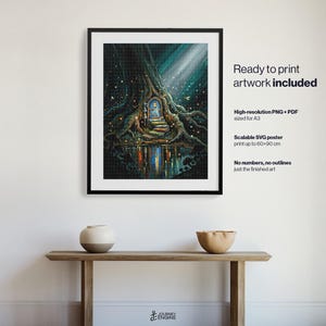 May include: A framed digital art print featuring a dark, gnarled tree with a glowing arched door at its base, set beside a reflective pool of water. The text reads: Ready to print artwork included, High-resolution PNG + PDF sized for A3, Scalable SVG poster print up to 60x90 cm, No numbers, no outlines just the finished art.