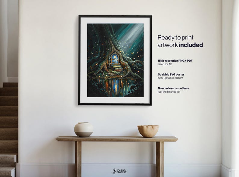 May include: A framed digital art print featuring a dark, gnarled tree with a glowing arched door at its base, set beside a reflective pool of water. The text reads: Ready to print artwork included, High-resolution PNG + PDF sized for A3, Scalable SVG poster print up to 60x90 cm, No numbers, no outlines just the finished art.