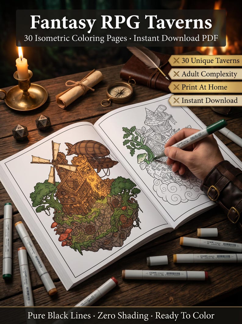 Puede incluir: Un libro para colorear titulado "Fantasy RPG Taverns" con 30 p&aacute;ginas isom&eacute;tricas. El libro abierto muestra ilustraciones detalladas de tabernas de fantas&iacute;a, con una mano coloreando una p&aacute;gina. Rotuladores y objetos de fantas&iacute;a est&aacute;n sobre una superficie de madera.
