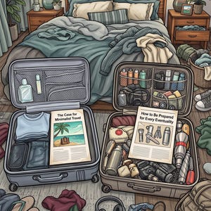 May include: Two open suitcases on a bedroom floor. The left suitcase contains folded clothing and a pamphlet titled The Case for Minimalist Travel. The right suitcase is packed with various travel gear and a pamphlet titled How to Be Prepared for Every Eventuality.
