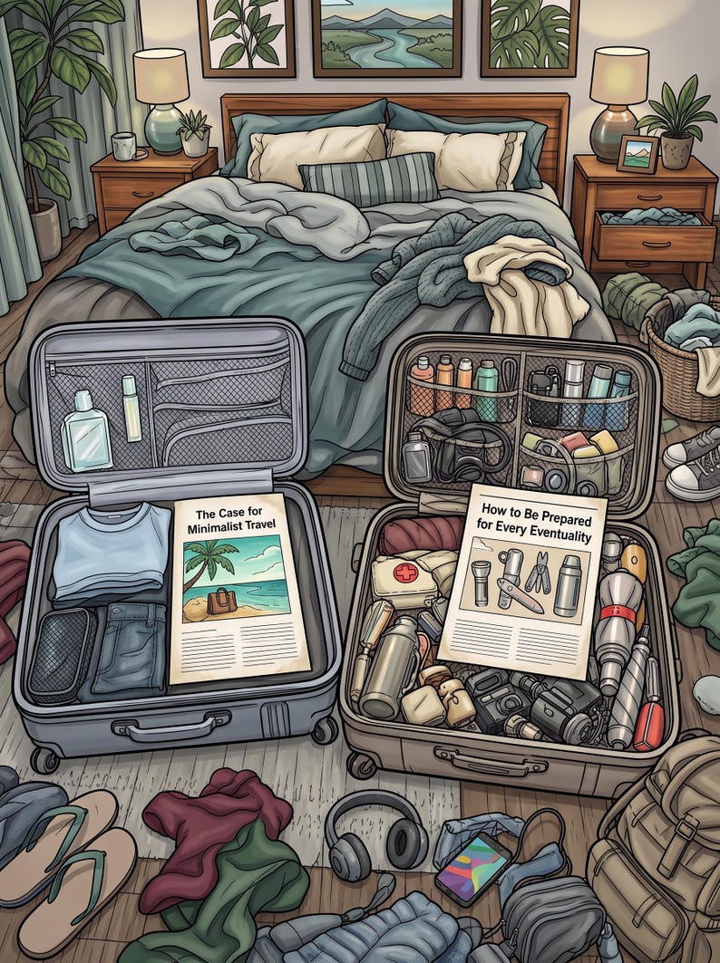 May include: Two open suitcases on a bedroom floor. The left suitcase contains folded clothing and a pamphlet titled The Case for Minimalist Travel. The right suitcase is packed with various travel gear and a pamphlet titled How to Be Prepared for Every Eventuality.