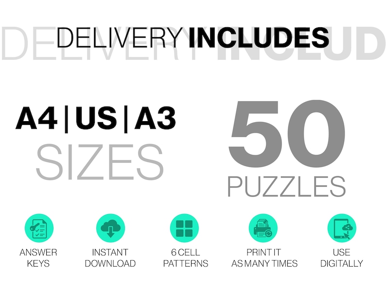 May include: A digital graphic featuring the text DELIVERY INCLUDES, A4|US|A3 SIZES, and 50 PUZZLES. Below are five teal circular icons with white symbols representing answer keys, instant download, 6 cell patterns, print it, and use digitally.