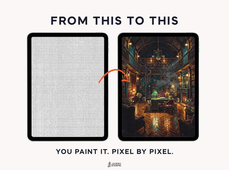 May include: Two tablets displaying a transformation process. The left tablet shows a grid of small letters for paint-by-number, while the right tablet displays a detailed, colorful library scene. Text reads FROM THIS TO THIS and YOU PAINT IT. PIXEL BY PIXEL.