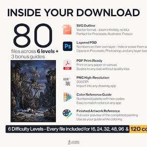 May include: A digital download package containing 80 files across 6 levels and 3 bonus guides. Includes SVG, layered PSD, PDF, and high-resolution PNG formats. Features a color reference guide and finished artwork of a ship in a rocky bay.