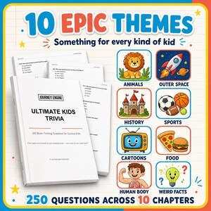 May include: A white book titled Journey Engine Ultimate Kids Trivia with 250 brain-tickling questions. The cover features a list of 10 epic themes including animals, outer space, history, sports, cartoons, food, human body, and weird facts with icons.