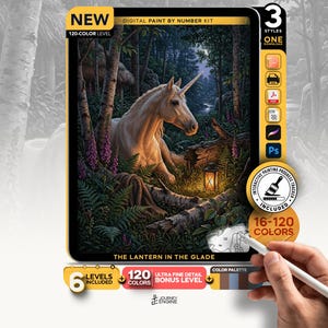 May include: A digital paint by number kit titled The Lantern in the Glade featuring a white unicorn in a forest with a glowing lantern. The kit includes 120 colors, 3 styles, an interactive progress tracker, and 6 levels for digital painting.