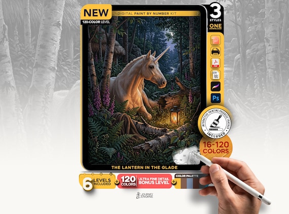Unicorn paint by numbers digital kit, Moonlit Magical Forest Fantasy Art