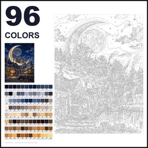 May include: A paint-by-numbers kit featuring a large outline drawing of a village under a crescent moon and full moon. The set includes a small color reference image, a numbered grid for painting, and a palette of 96 colors with hex codes.