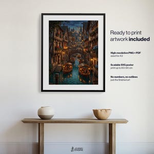 May include: A framed digital art print depicting a canal scene with boats, timber-framed buildings, and warm lighting. Text on the right reads: Ready to print artwork included, High-resolution PNG + PDF sized for A3, Scalable SVG poster print up to 60x90 cm, No numbers, no outlines just the finished art.