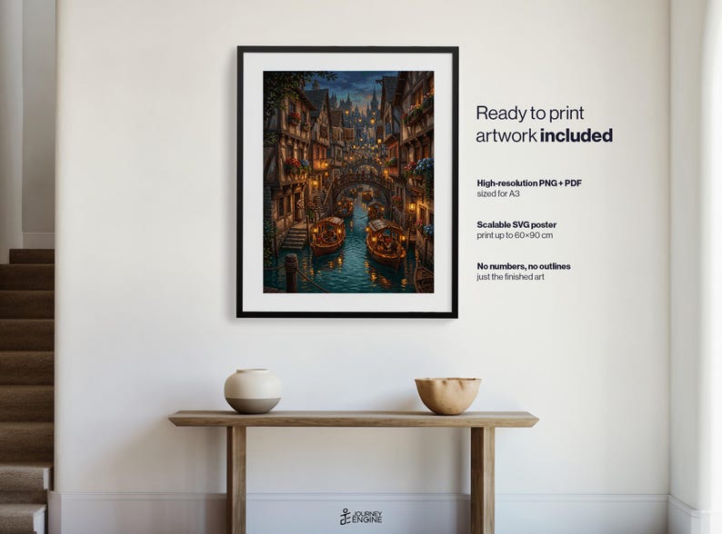 May include: A framed digital art print depicting a canal scene with boats, timber-framed buildings, and warm lighting. Text on the right reads: Ready to print artwork included, High-resolution PNG + PDF sized for A3, Scalable SVG poster print up to 60x90 cm, No numbers, no outlines just the finished art.