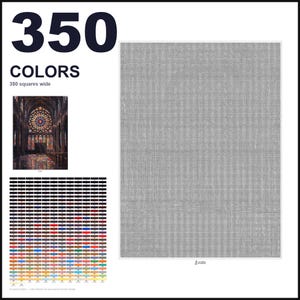 May include: A paint-by-numbers design sheet featuring the text 350 COLORS and 350 squares wide. It includes a small reference image of a cathedral interior with a stained glass window, a large grid of 350 numbered color swatches, and a large gray grid.