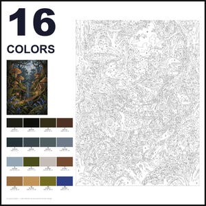 May include: A paint-by-number kit featuring a forest scene with mushrooms and small dwellings. The image includes a numbered outline template, a small color reference picture, and a palette of 16 color swatches with hex and RGB codes.
