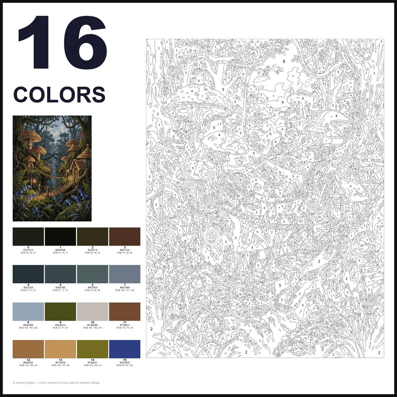 May include: A paint-by-number kit featuring a forest scene with mushrooms and small dwellings. The image includes a numbered outline template, a small color reference picture, and a palette of 16 color swatches with hex and RGB codes.