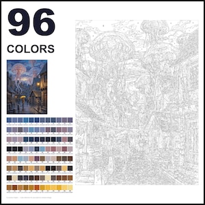 May include: A paint-by-numbers kit featuring a 96-color palette and a detailed line art template of a cobblestone street scene with large jellyfish floating in the sky. The kit includes a small color reference image showing a person with a yellow umbrella.