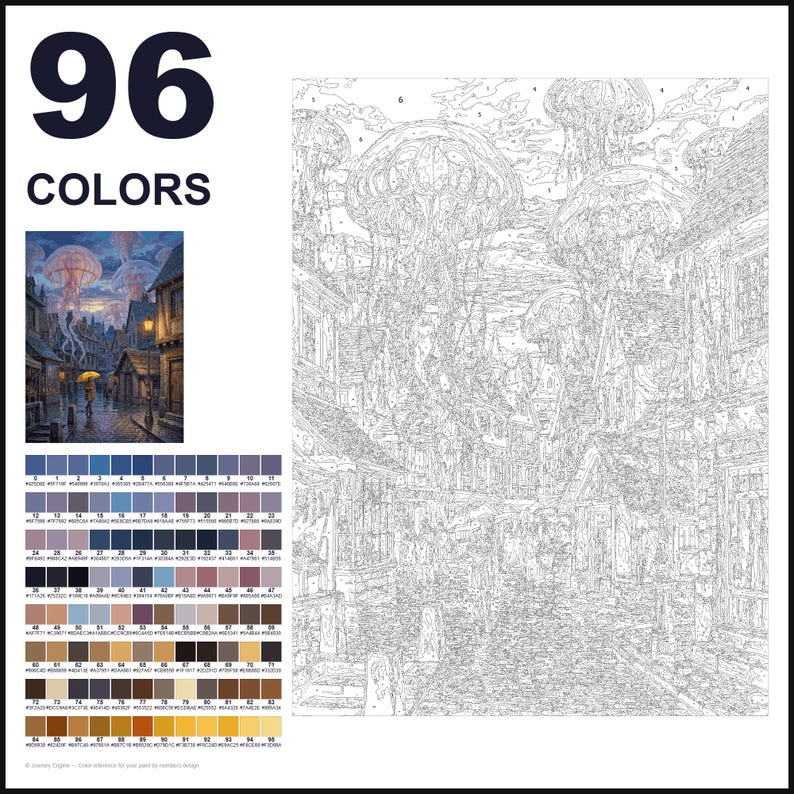 May include: A paint-by-numbers kit featuring a 96-color palette and a detailed line art template of a cobblestone street scene with large jellyfish floating in the sky. The kit includes a small color reference image showing a person with a yellow umbrella.